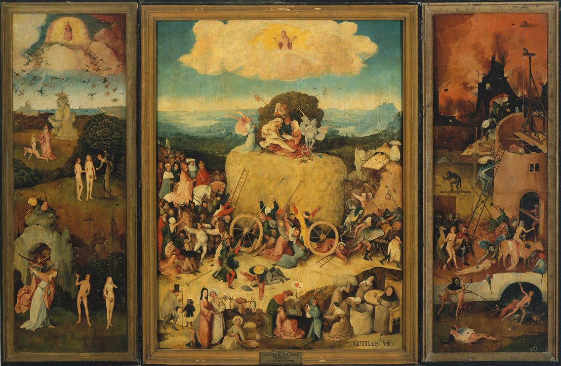 The Haywain Triptych by Hieronymus Bosch. The left panel shows paradise, the centre panel a crowd scrambling around a hay cart, and the right panel hell.